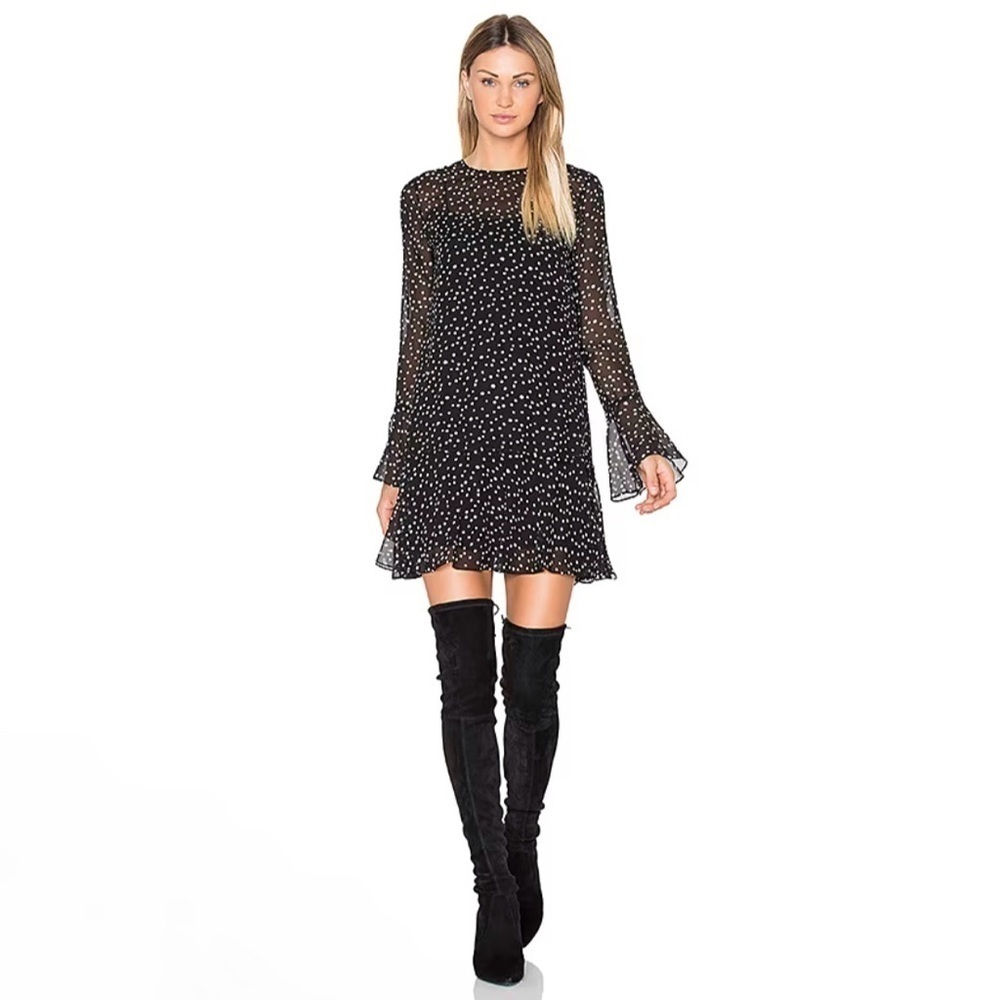 NWT Theory Marah Starry Print Silk Dress Long Sleeve Drop Waist Black Ivory 10